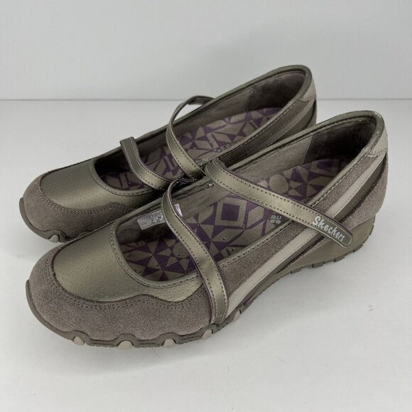 Skechers Taupe Strappy Cushioned Wedge Heel Womens Size 8 Faux Suede and Fabric - Picture 1 of 9